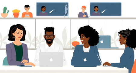 Vector illustration of people working in the office with laptops. Teamwork concept.の素材