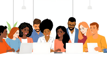 Group of diverse people working on computers. Teamwork concept. Vector illustration.の素材