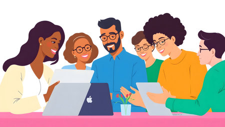 Group of diverse people sitting at table and using laptop computer. Teamwork and communication concept. Vector illustration in cartoon styleの素材