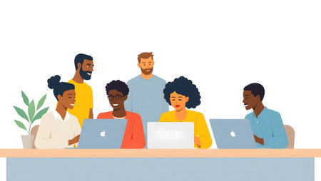 Group of people working on laptops. Vector illustration in flat style.の素材