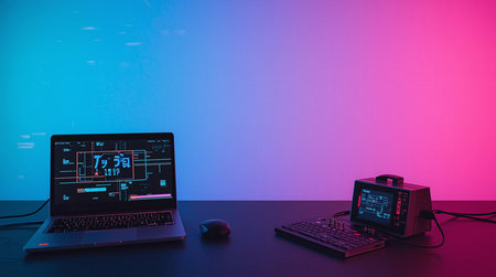 Computer monitor and keyboard on the table in the studio with blue and pink lightの素材
