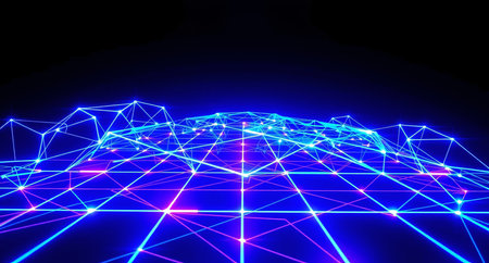 3d rendering of abstract technology background with glowing polygonal meshの素材