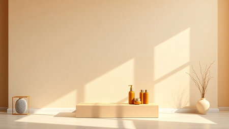 3d render of beige podium in room with shadow from the wallの素材
