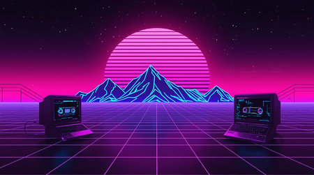 Retro 80s style video game background with mountains and screens. Vector illustrationの素材