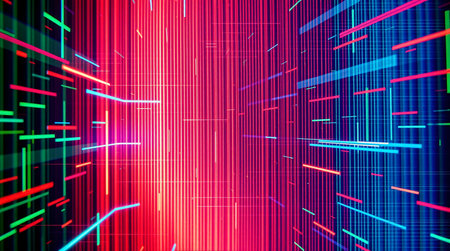 3d illustration of abstract background with neon lights and lines in red and blueの素材