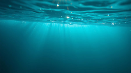 Underwater view of deep blue sea with sunbeams and raysの素材