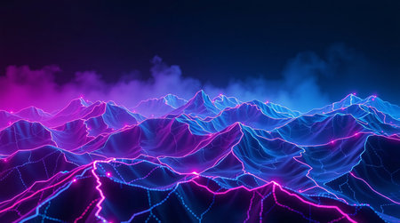 3d rendering of abstract background with mountains and neon lights. 3d illustrationの素材