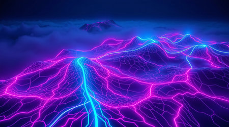 3D illustration of a mountain landscape with a blue and pink glowの素材