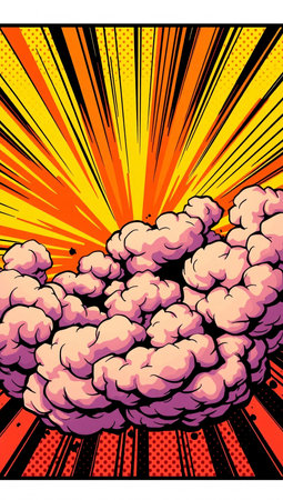 Comic book explosion background with rays and clouds. Vector illustration.の素材