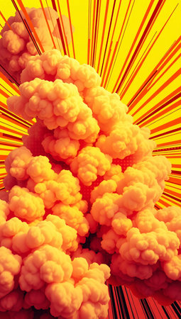 3D illustration of a blast of yellow smoke on a yellow backgroundの素材