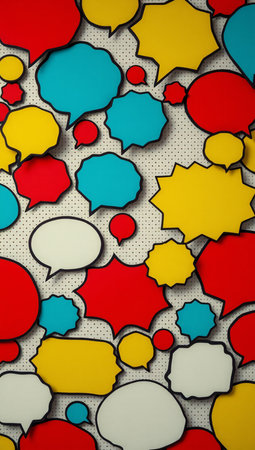 Colorful speech bubbles on a gray background. 3d illustration.の素材