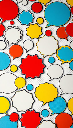 Colorful speech bubbles on white background. Flat lay, top view.の素材