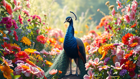 Peacock with colorful flowers in the garden. Selective focus.の素材