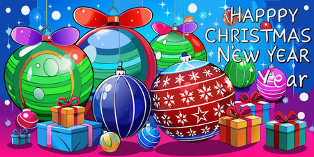 Happy Christmas and New Year greeting card with Christmas balls and gift boxesのイラスト素材
