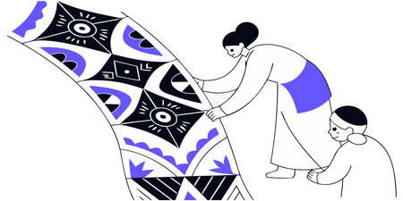 A vector illustration of a mother and son playing together in the garden.のイラスト素材