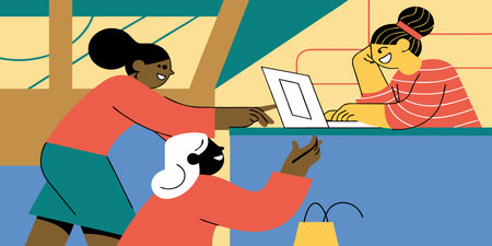 Illustration of a woman using a computer while her daughter is shoppingのイラスト素材