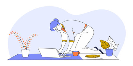 Woman working on a laptop in the kitchen. Flat vector illustration.のイラスト素材