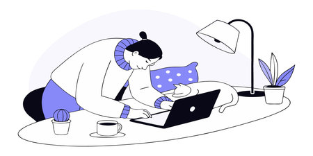 Man working on laptop at home. Freelance, remote work concept. Vector illustrationのイラスト素材