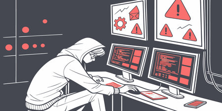 Hacker in a mask stealing data from a computer. Vector illustrationのイラスト素材