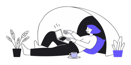 Freelance, remote work concept. Freelance woman working at home, sitting on the floor, reading a book, drinking coffee.のイラスト素材