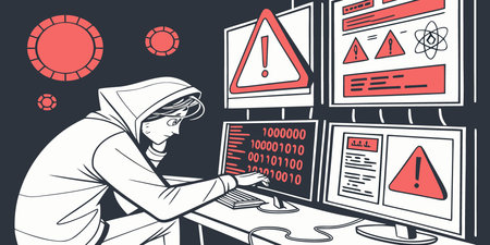 Vector illustration of hacker stealing data from computer monitor. Cybercrime concept.のイラスト素材