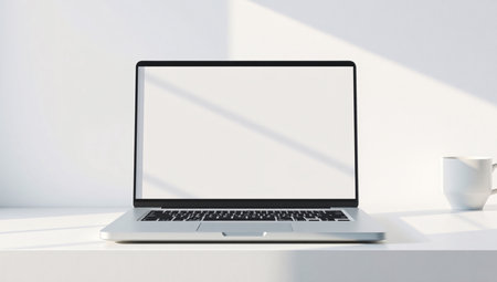 Laptop with blank screen on white table. Mock up, 3D Renderingの素材