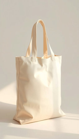 A full shot of a plain, off-white canvas tote bag against a light neutral background. The bag features a minimalist design with simple handles and visible stitching along the edges. The soft studio lighting highlights the texture of the fabric, making it suitable for custom branding or design mockups.の素材