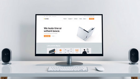 A clean, modern desk setup featuring a computer monitor displaying a website design mockup. The monitor shows a landing page with white background, black text, an orange call-to-action button, and an image of a folding device. The setup includes two small black speakers on either side of the monitor, a white keyboard, and a white mouse on a light-colored desk against a simple wall.の素材