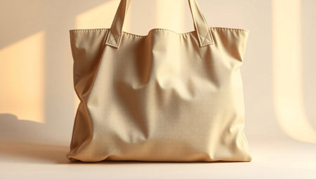 A close-up, front-facing studio shot of a blank beige canvas tote bag. The bag stands upright against a simple, light-colored background with soft shadows, creating an ideal setting for a product mockup or design presentation.の素材