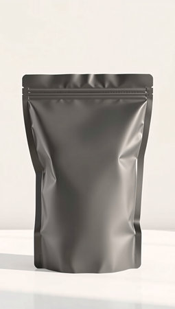 A minimalist mockup featuring a blank, matte black stand-up pouch with a resealable zipper top. The pouch is positioned against a simple, light-colored background, ideal for showcasing product branding for items like coffee, tea, or snacks.の素材
