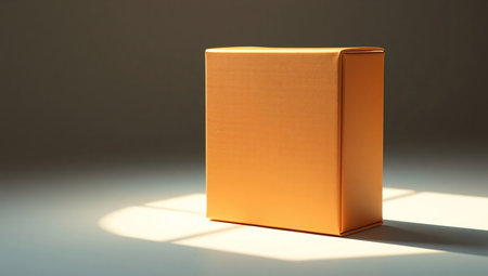 A minimalist studio shot of a plain, golden brown rectangular box standing vertically. The box is illuminated by side lighting, creating a soft gradient and a pronounced shadow on the surface behind it. This image serves as an ideal mockup for product packaging designs.の素材