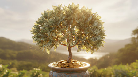 Money tree growing out of coins in a pot on the background of the mountainsの素材