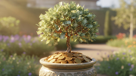 Money tree growing out of a pot with golden coins. Money growing conceptの素材