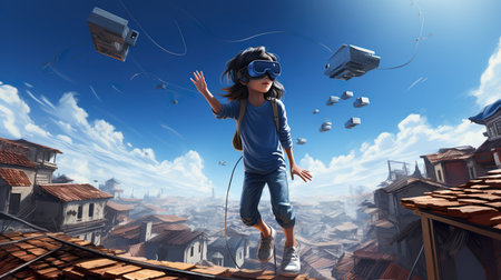 person float through metaverse VR headset, modern futuristic virtual reality augmented reality experience. generative ai illustrationの素材