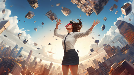 person float through metaverse VR headset, modern futuristic virtual reality augmented reality experience. generative ai illustrationの素材