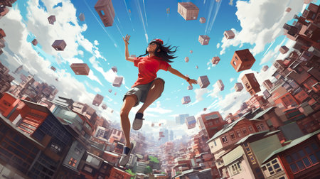 person float through metaverse VR headset, modern futuristic virtual reality augmented reality experience. generative ai illustrationの素材