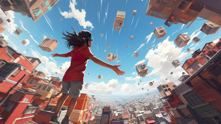 person float through metaverse VR headset, modern futuristic virtual reality augmented reality experience. generative ai illustrationの素材