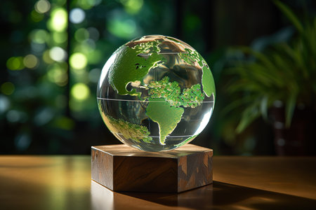 Globe on wooden table with bokeh background, Earth Day conceptの素材