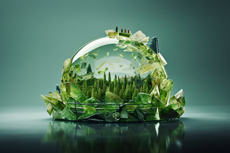 Green crystal ball with forest and mountains. 3D Rendering.の素材