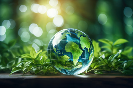 Globe and green leaves on wooden table, save the world conceptの素材