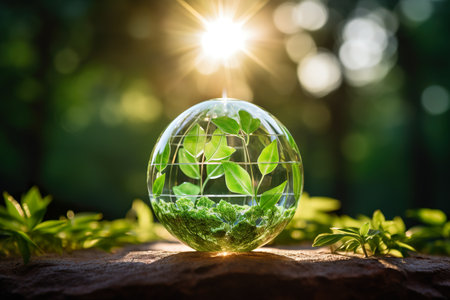 Glass ball with green leaves on nature background. Earth day concept.の素材