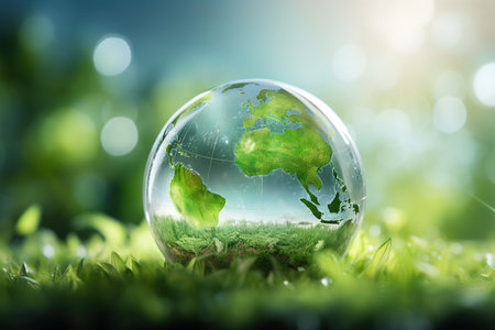 Glass globe on green grass background. Environment conservation concept. 3D Renderingの素材