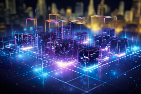 background Holographic model, technology and abstract art light led generative AI illustration.の素材