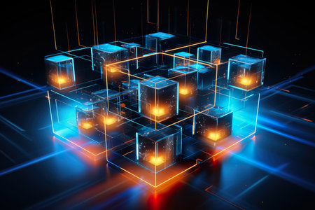 background Holographic model, technology and abstract art light led generative AI illustration.の素材