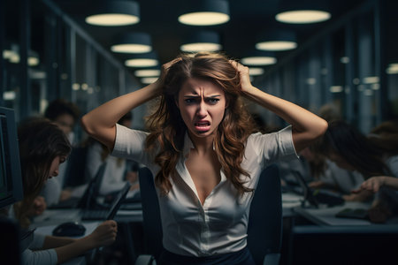 businesswoman pulling his hair with angry, middle of the night at office. generative ai illustration.の素材