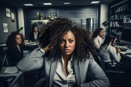 businesswoman pulling his hair with angry, middle of the night at office. generative ai illustration.の素材