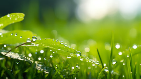Juicy green grass on meadow with drops of water close-up macro panorama background. generative aiの素材