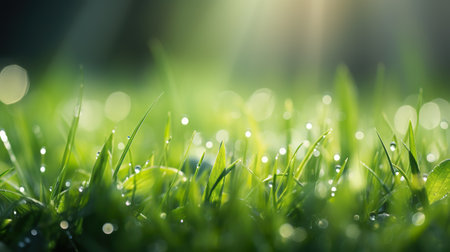 Juicy green grass on meadow with drops of water close-up macro panorama background. generative aiの素材
