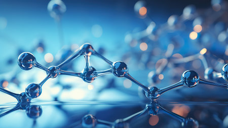 Blue molecule atoms structures on blue liquid serum background Medical. generative aiの素材