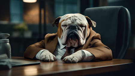 burnout dog in businessman suit at office desk. generative ai illustrationの素材